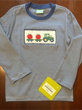 Elan Navy & White Striped Long-Sleeve Shirt with Tractor & Apples